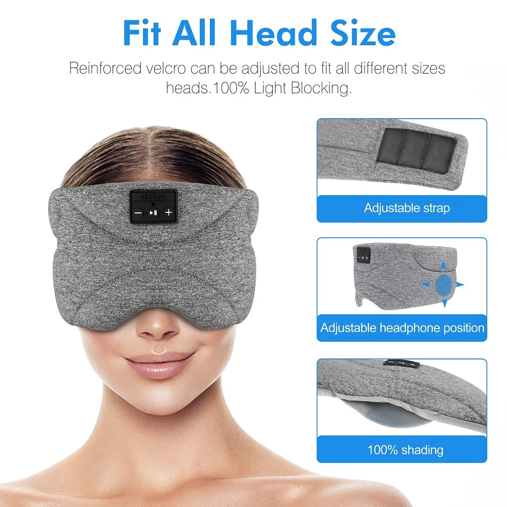 Grey fabric Bluetooth sleep mask with built-in headphones, adjustable strap and 100% light-blocking design.