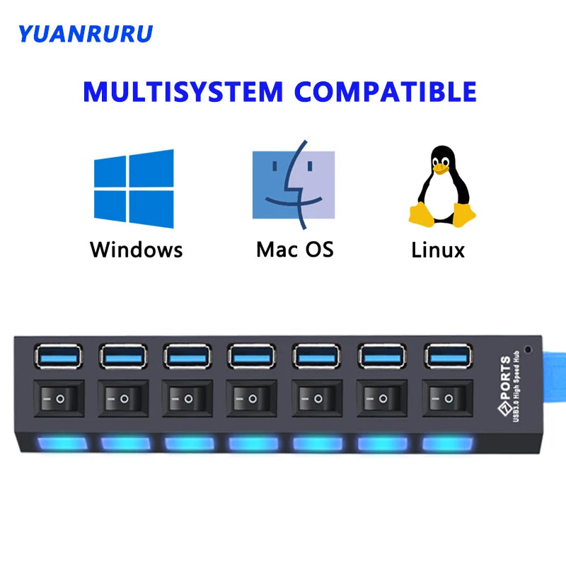 Black 7-port USB 3.0 hub with individual power switches and blue LED indicators. Compatible with Windows, Mac, and Linux.