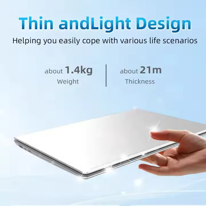 A hand holds a sleek, thin silver gaming laptop, highlighting its lightweight 1.4kg design and 21mm thickness.