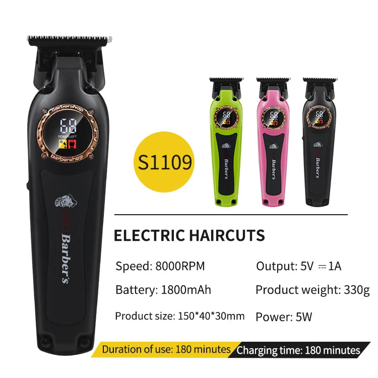 Professional hair trimmers in black, green, or pink, featuring a sleek design and a digital LED power display.