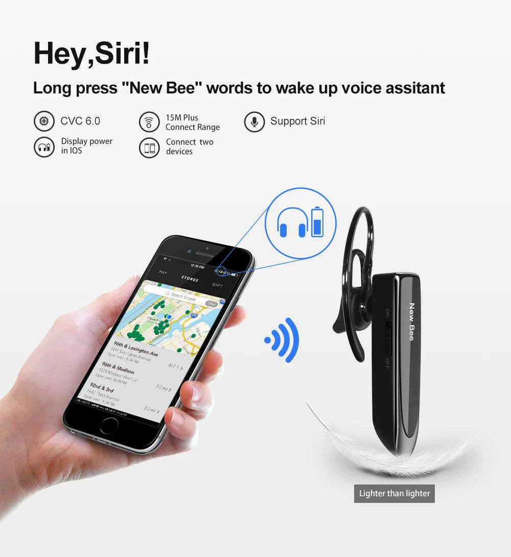 Sleek black wireless Bluetooth hands-free earpiece with microphone, showing smartphone connectivity and battery display.