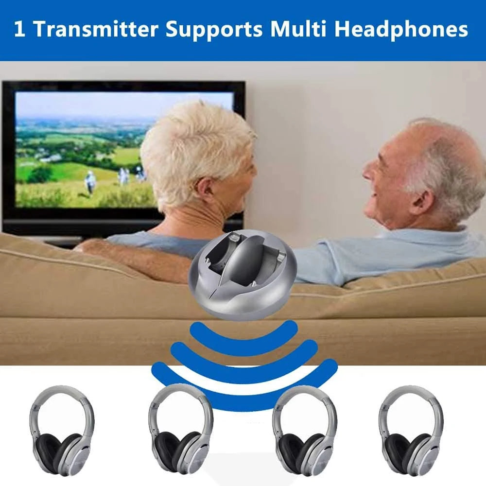 Silver wireless headphones and docking transmitter base. One transmitter connects multiple headsets for TV listening.