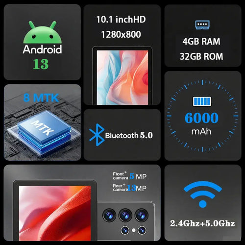 Black 10.1-inch Android 13 tablet with 32GB storage, 6000mAh battery, dual cameras, Bluetooth 5.0 and Wi-Fi.