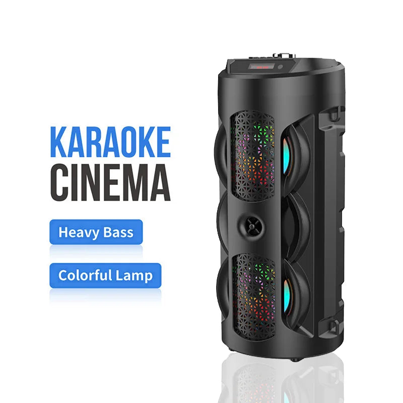 Black portable Bluetooth speaker with integrated colourful LED lights and heavy bass drivers for karaoke and cinema use.
