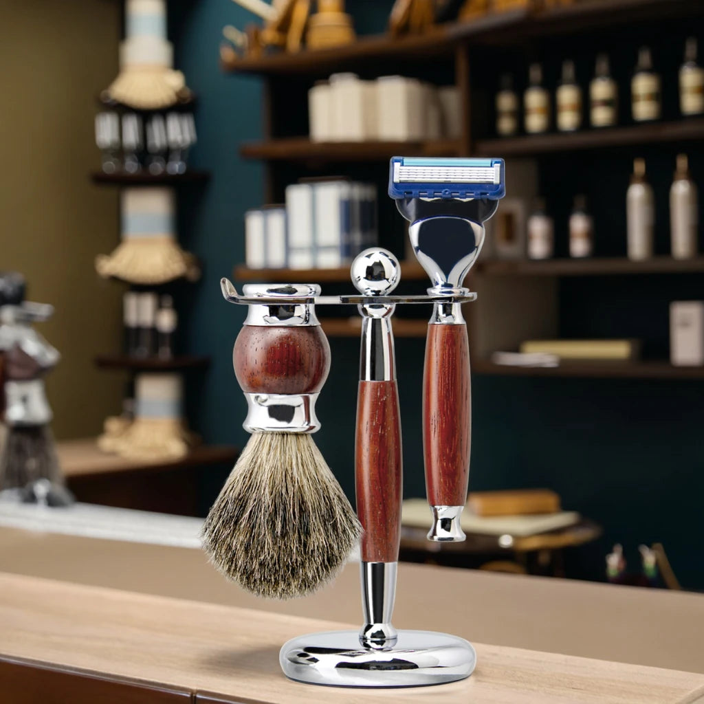 Barbers Stand Wet Shaving Safety Razor Kit with Badger Hair Brush and Five Blades