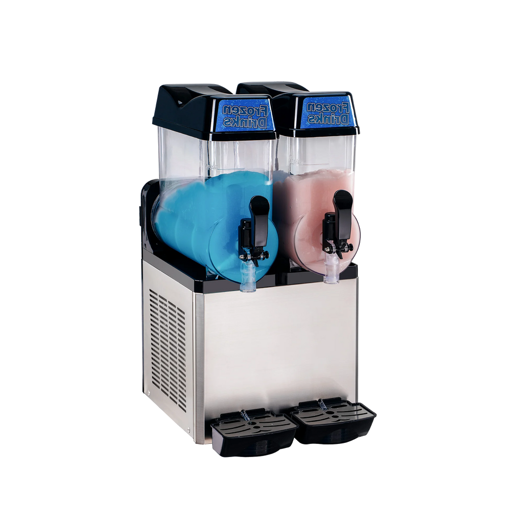 Double-bowl commercial slush machine with stainless steel base and black dispense taps.