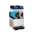 Double-bowl commercial slush machine with stainless steel base and black dispense taps.