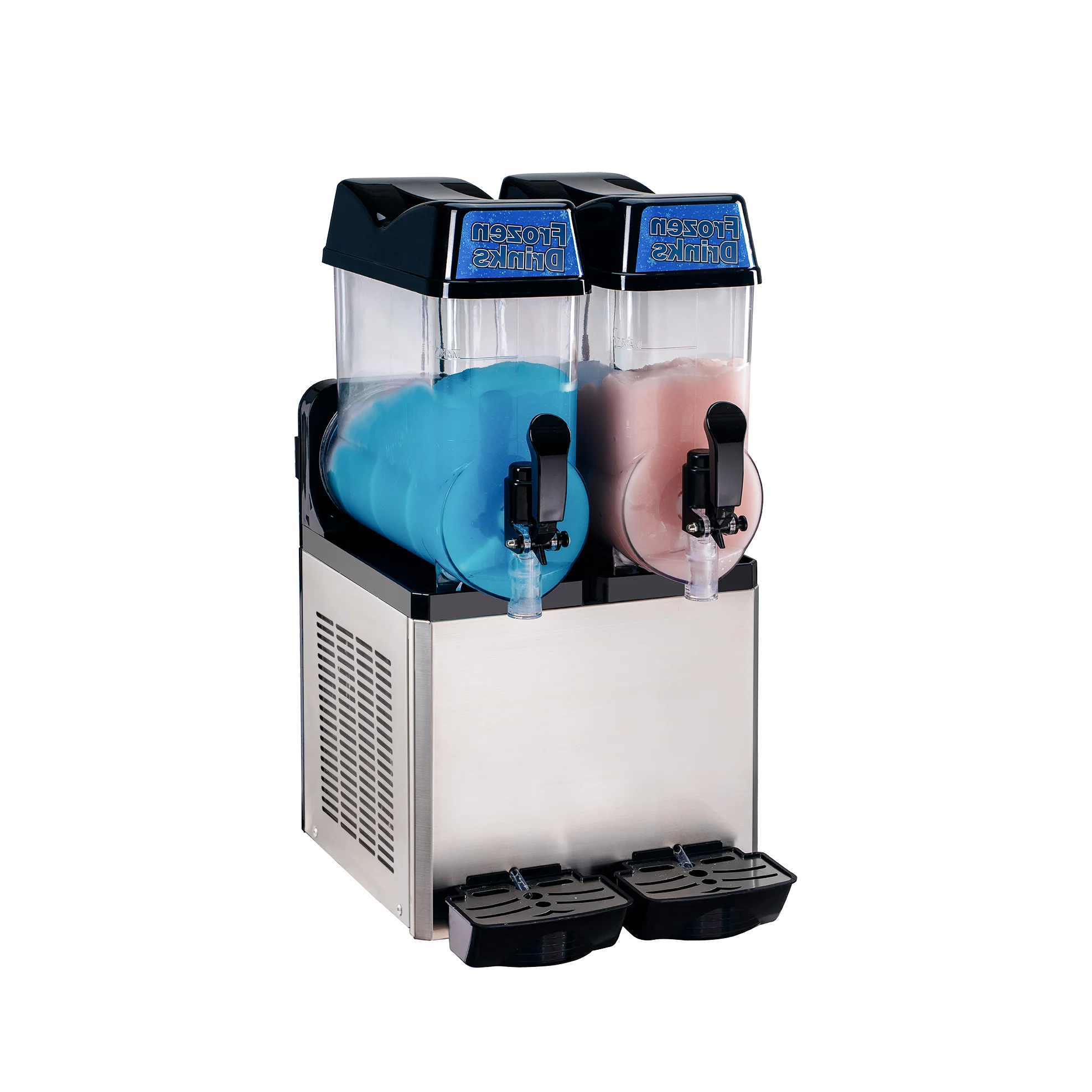 Double-bowl commercial slush machine with stainless steel base and black dispense taps.