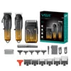 Professional cordless hair clipper set in black and amber, including foil shaver, grooming heads, and accessories.