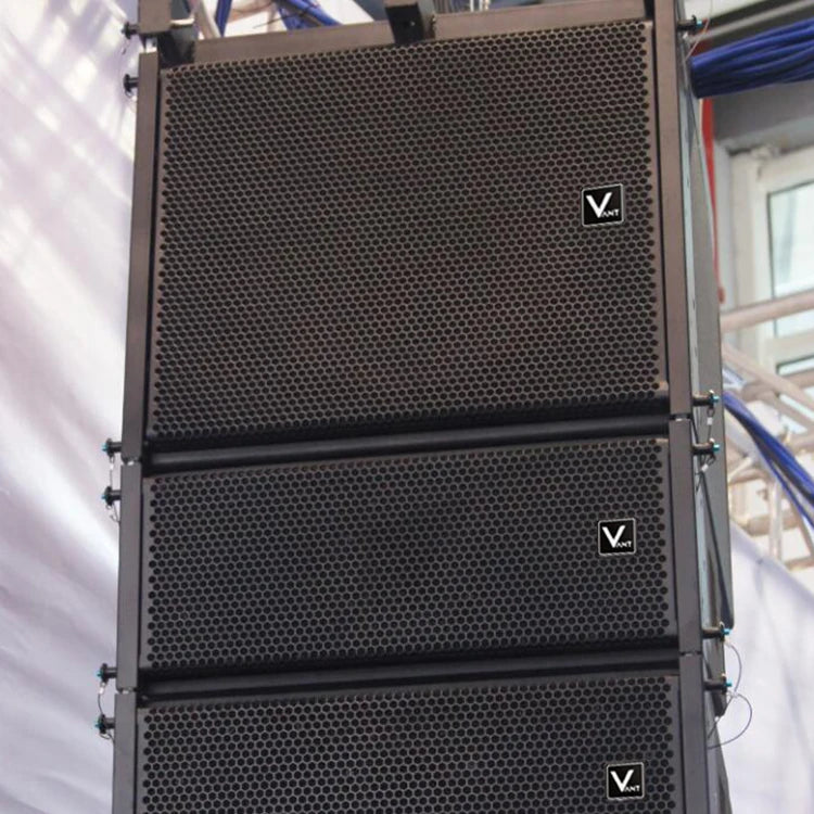 A professional black high-power stage line array speaker with a metal mesh grille, mounted in a vertical stack.