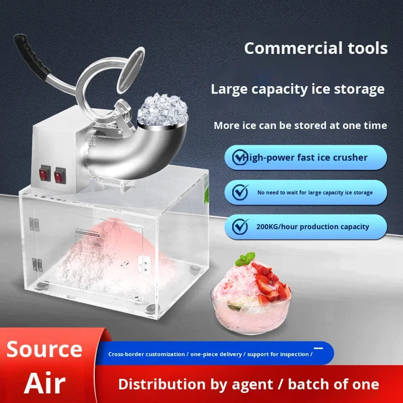 Stainless steel commercial ice crusher with a clear acrylic storage bin and manual lever handle.