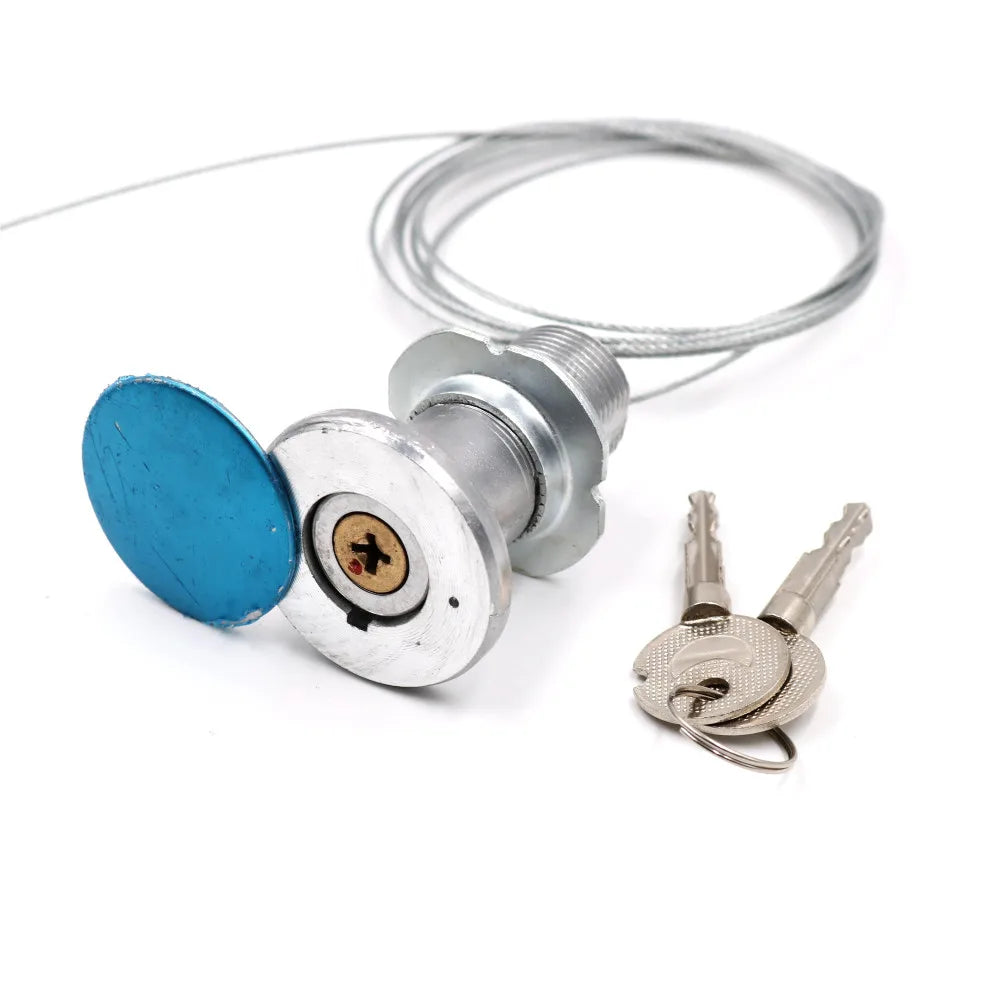 Silver metal cable lock with blue cover, key cylinder, threaded base, and two matching keys on a keyring.
