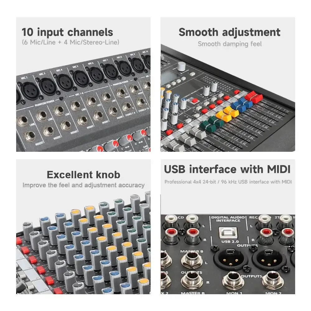 Professional audio mixer showing 10 channels, colorful adjustment knobs, sliders, and a USB interface with MIDI ports.