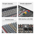 Professional audio mixer showing 10 channels, colorful adjustment knobs, sliders, and a USB interface with MIDI ports.