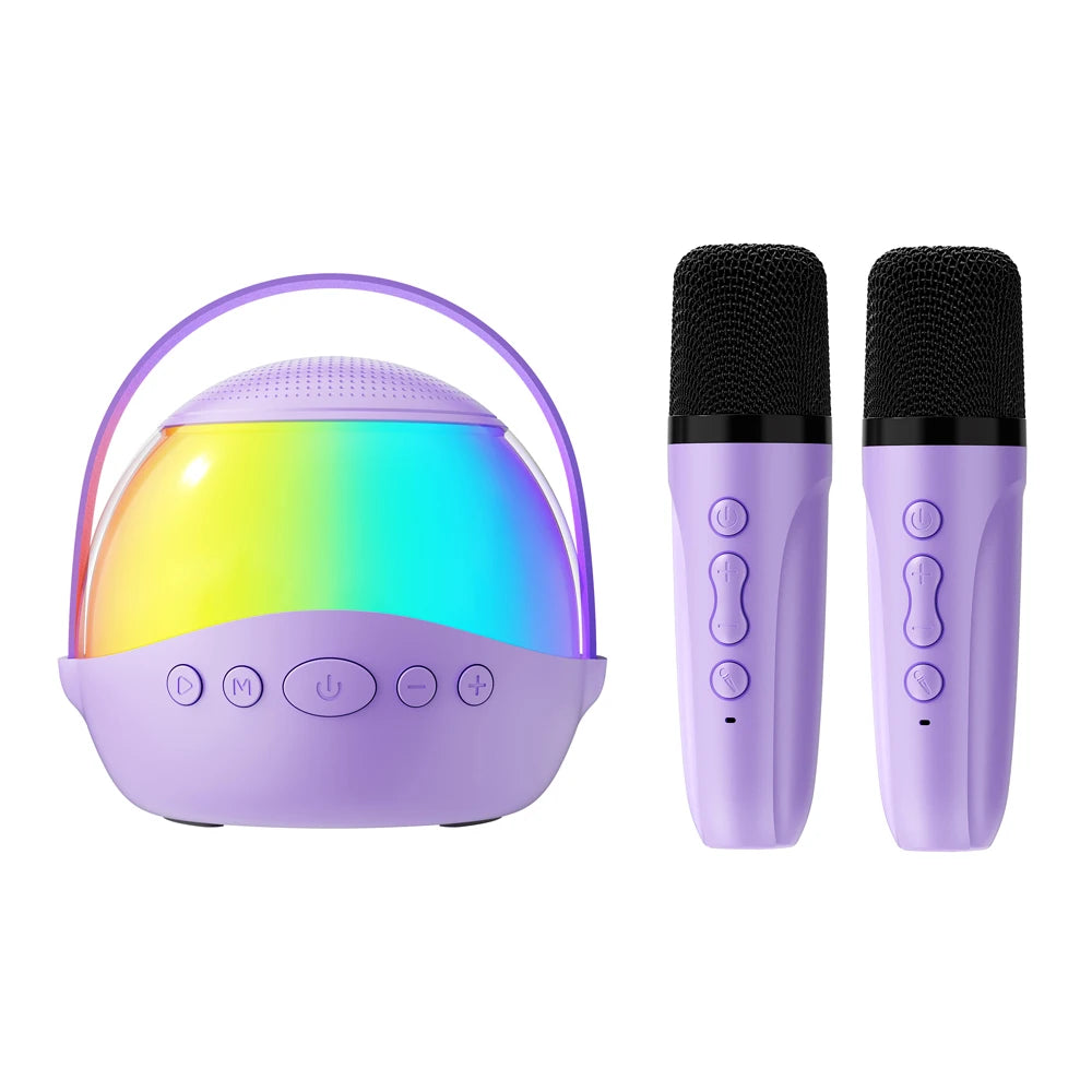 Lilac portable karaoke speaker with a rainbow LED light dome and two matching lilac wireless microphones.