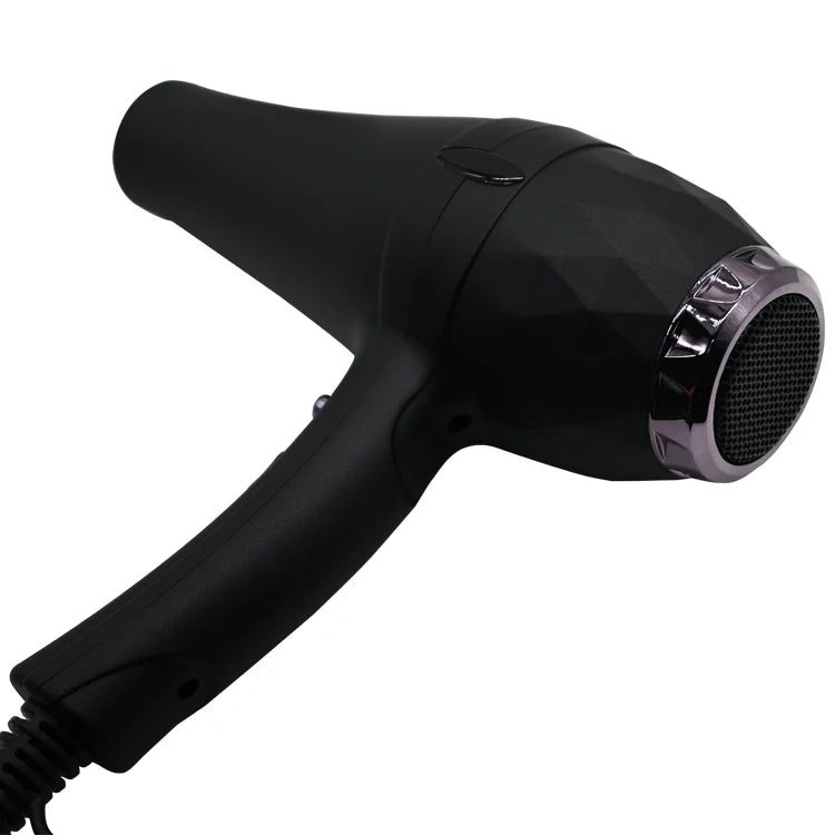 Matte black professional 2300W hair dryer with a textured, faceted design and metallic silver rear air vent.