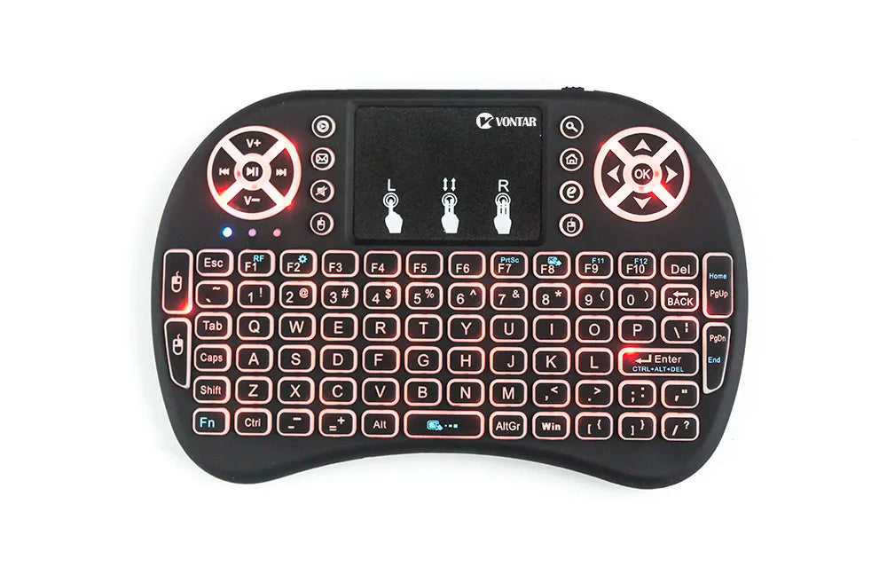 Black wireless mini keyboard with a central touchpad, directional controls, and red backlit keys.
