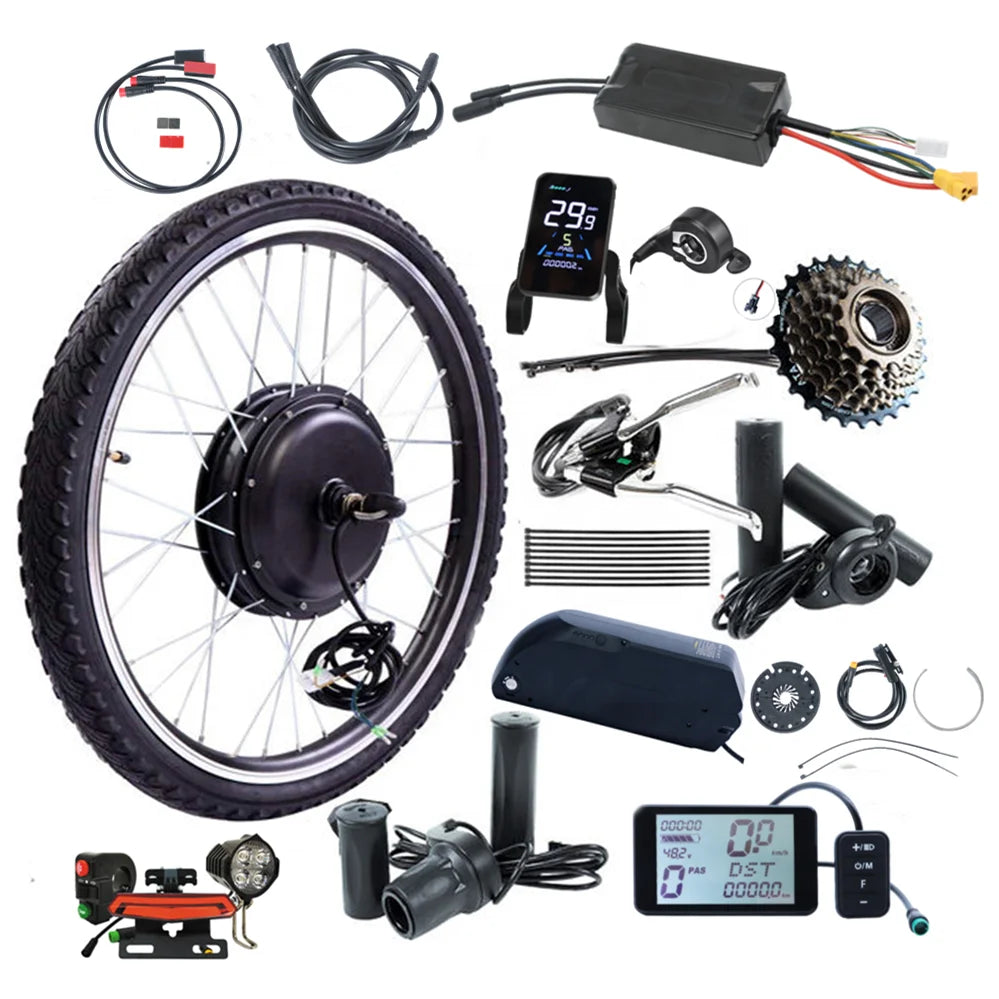 Electric bike conversion kit featuring a black hub motor wheel, LCD display, controller, throttle, gears, and lights.
