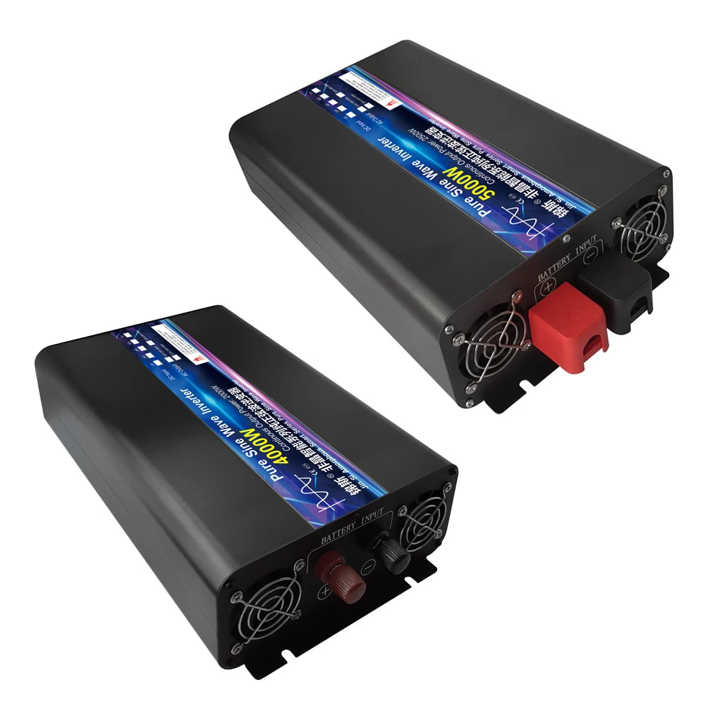 Two black pure sine wave power inverters with cooling fans and red and black battery terminals.