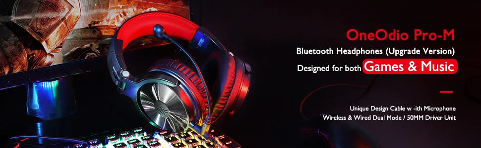 Black and red gaming headphones with a boom microphone, featuring wireless and wired connectivity options.