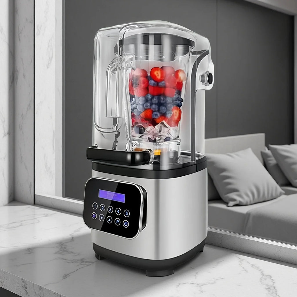 Countertop blender with a silver base, digital control panel, and clear sound-dampening enclosure filled with fruit.