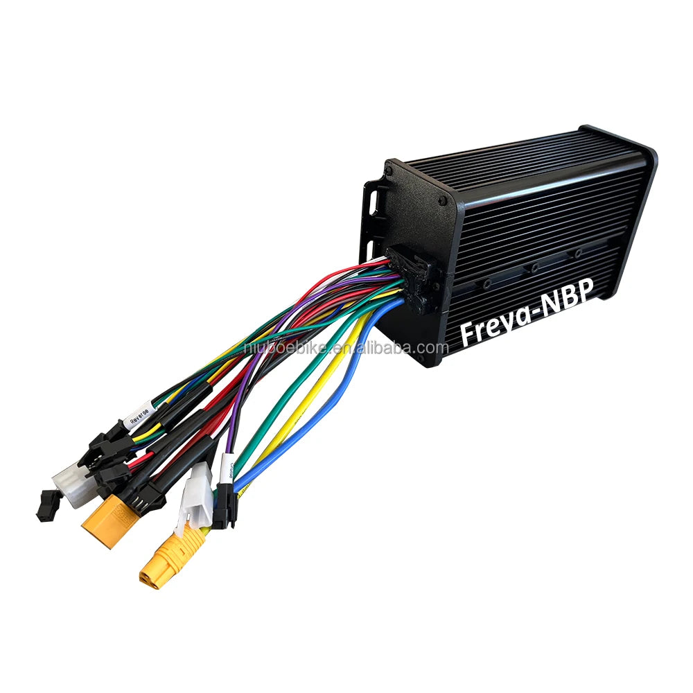 Black 2000W electric bike controller with a ribbed metal casing and a bundle of multi-coloured connection cables.