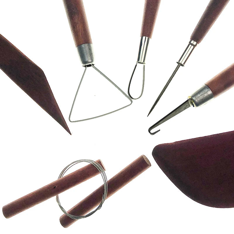 Set of eight pottery and clay sculpting tools with dark wood handles, metal loops, wires, and wooden shapers.