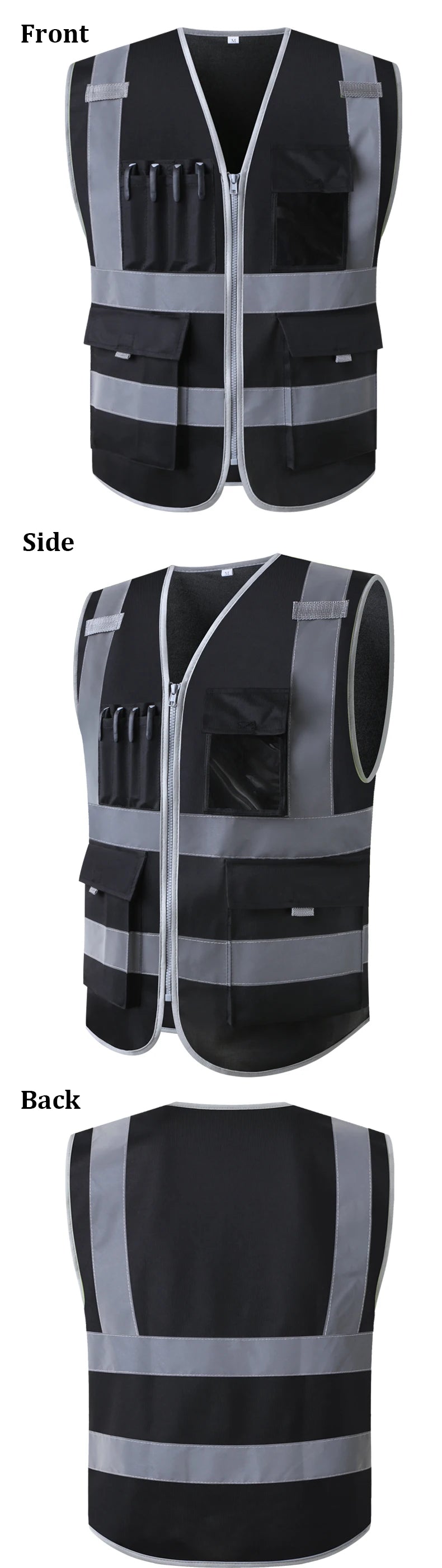 Black zip-up safety work vest with grey reflective strips, featuring multiple storage pockets and pen slots.