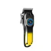 Professional electric hair clipper in black and yellow with a metallic finish, side lever, and circular power button.