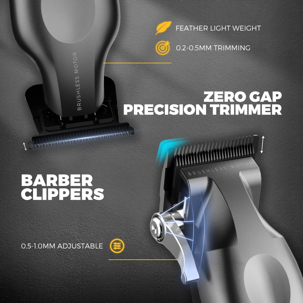 Matte grey cordless hair clippers featuring a precision zero-gap blade and adjustable 0.5-1.0mm cutting length.