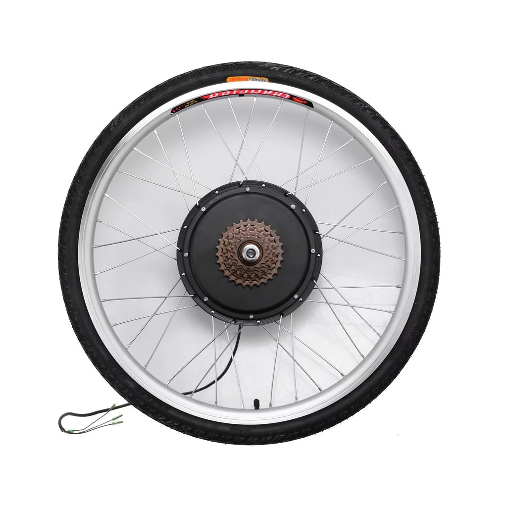Electric bike wheel with silver rim, black hub motor, and gear cassette, featuring thin spokes and a black tyre.