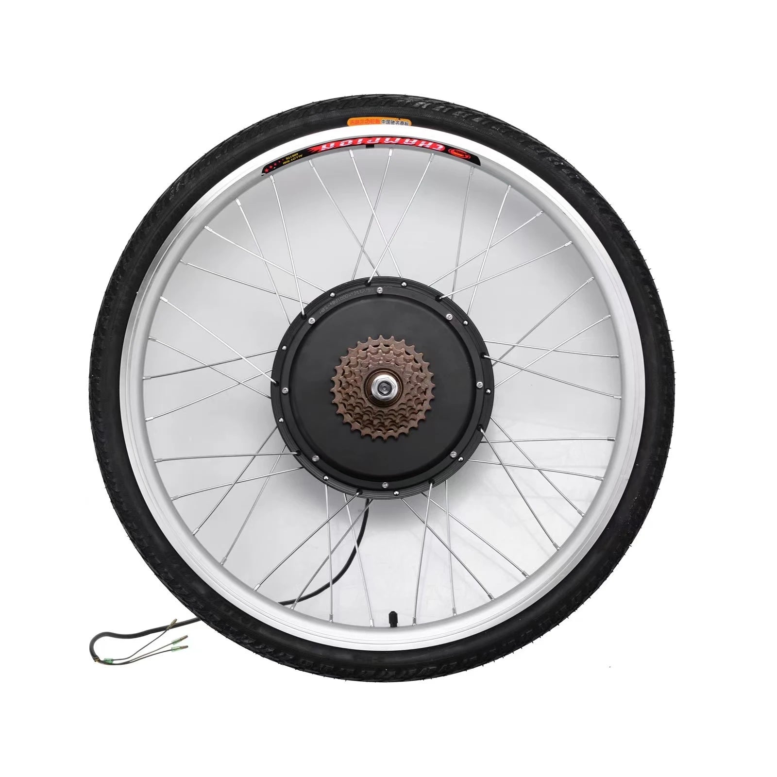 Electric bike wheel with silver rim, black hub motor, and gear cassette, featuring thin spokes and a black tyre.