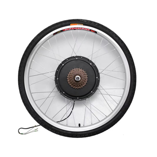 Electric bike wheel with silver rim, black hub motor, and gear cassette, featuring thin spokes and a black tyre.