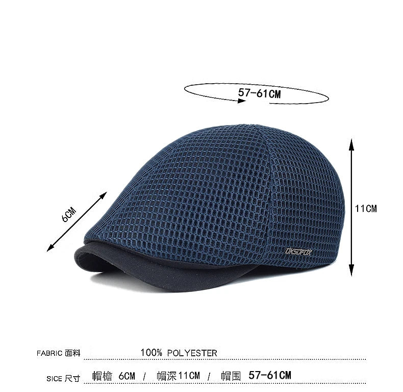 Navy blue unisex flat cap in breathable mesh fabric with a solid brim, showing dimensions of 11cm deep and 6cm peak.