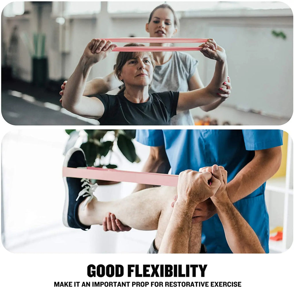 Two photos showing people using a light pink resistance band for physical therapy and flexibility exercises.
