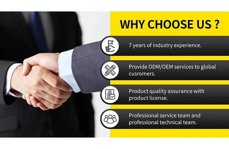 A handshake between two people in suits next to a yellow and black list of professional business services.