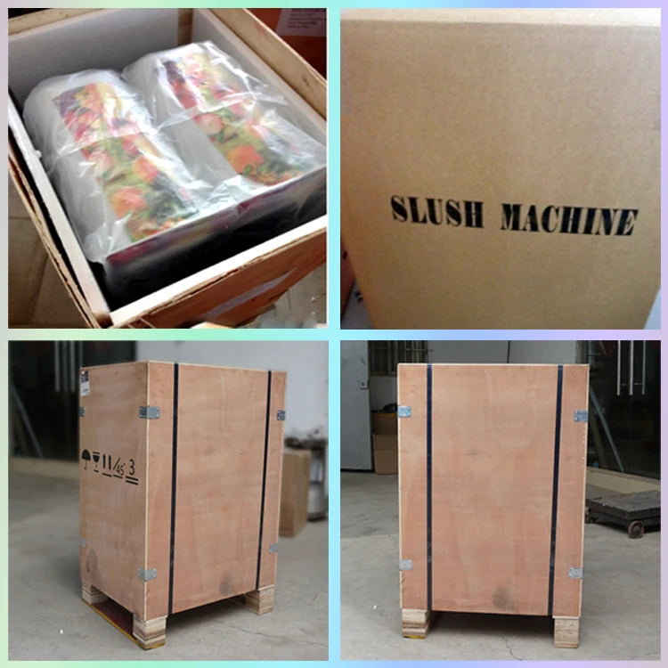 A commercial 2-bowl slush machine inside a protective wooden transit crate, shown packaged and boxed.