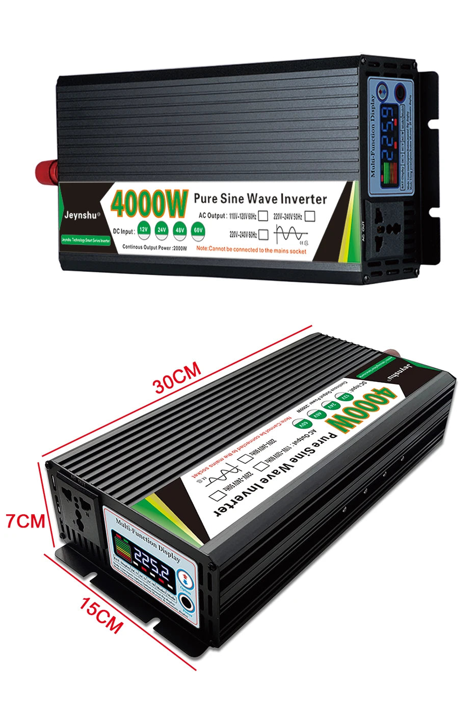 Black 4000W pure sine wave power inverter with a digital display screen, AC output socket, and ribbed metal casing.