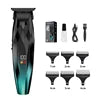 Black and teal cordless T-blade trimmer with LED display, six guide combs, charging cable, and cleaning brush.