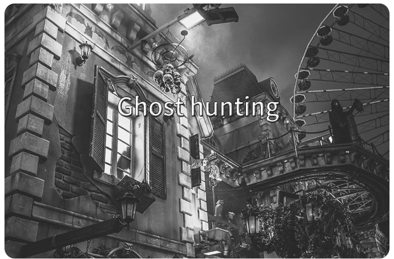 Black and white graphic showing a haunted building facade, skulls, and a ferris wheel with the text Ghost hunting.
