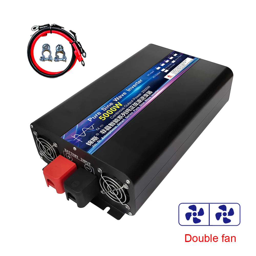 Black 5000W pure sine wave power inverter with cooling fans and included battery cables.