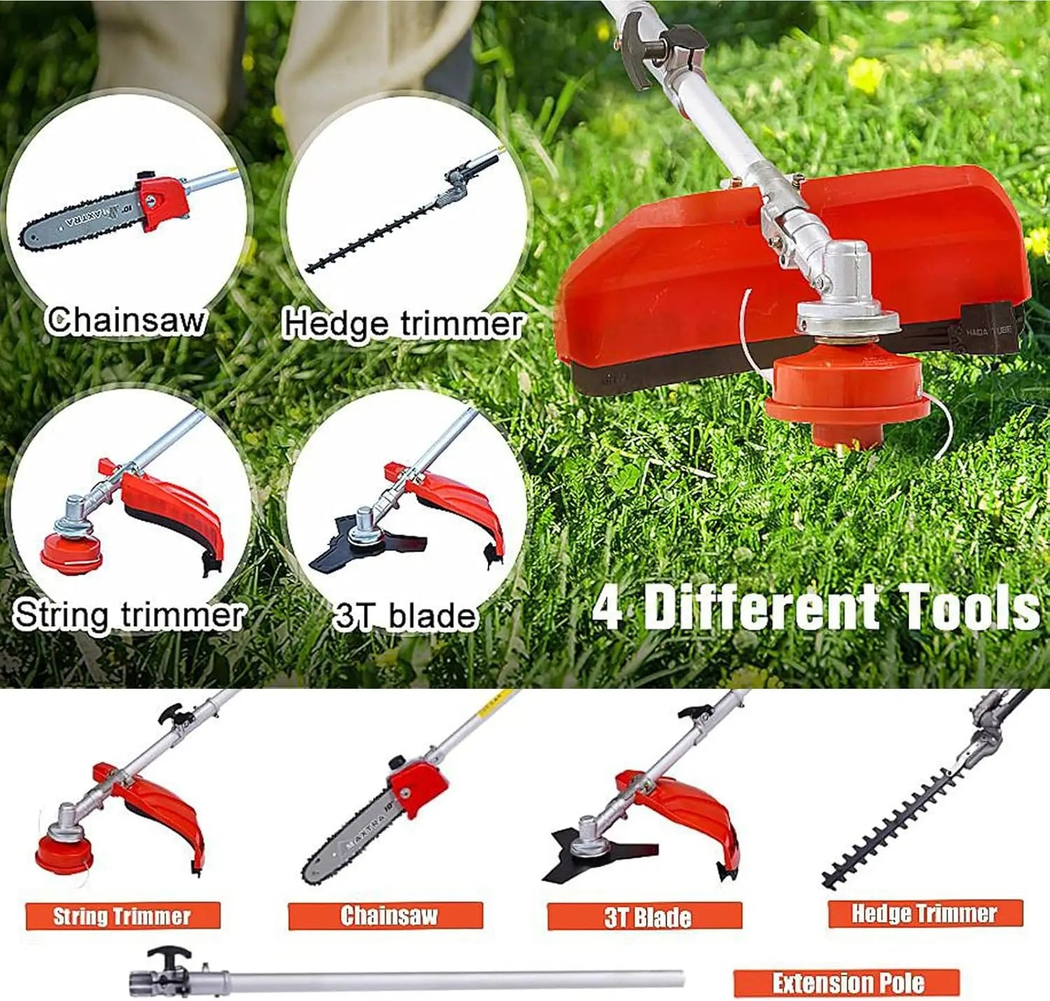5-in-1 red and silver garden multi-tool set with chainsaw, hedge trimmer, string trimmer, 3T blade and extension pole.