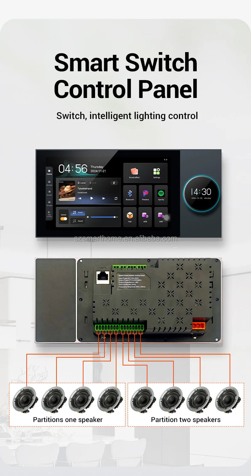 A sleek 7-inch black smart home control panel with a digital touchscreen interface and rear ports for audio speakers.
