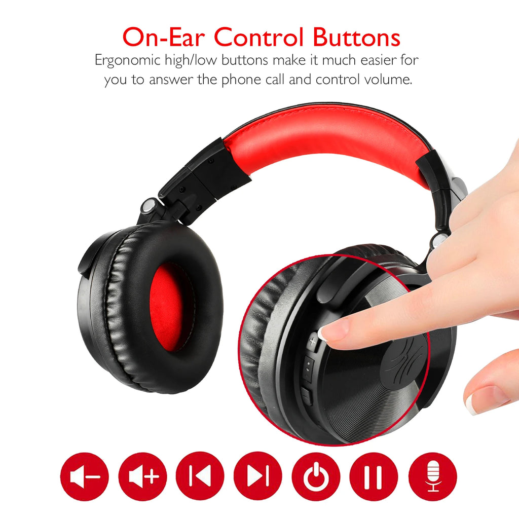 Black and red wireless headphones with padded headband and easy-access volume and call control buttons.