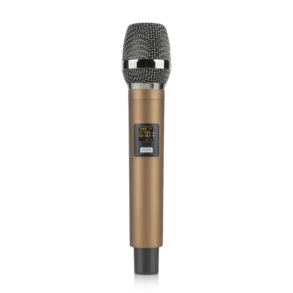 Champagne-gold wireless handheld microphone with a metal mesh grille, digital status display, and power button.