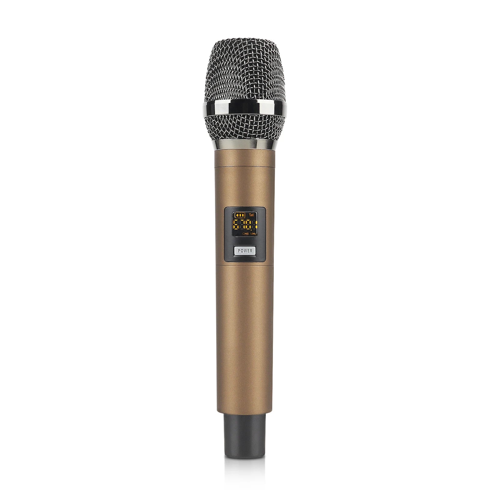 Champagne-gold wireless handheld microphone with a metal mesh grille, digital status display, and power button.