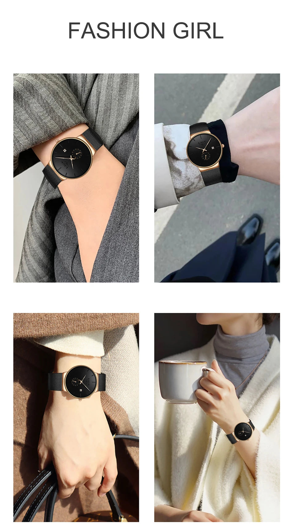 Elegant women's ultra-thin quartz watch with a black face and gold case, featuring a sleek black mesh metal strap.