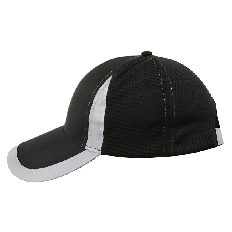 Black and white breathable baseball cap with reflective strips for high visibility.