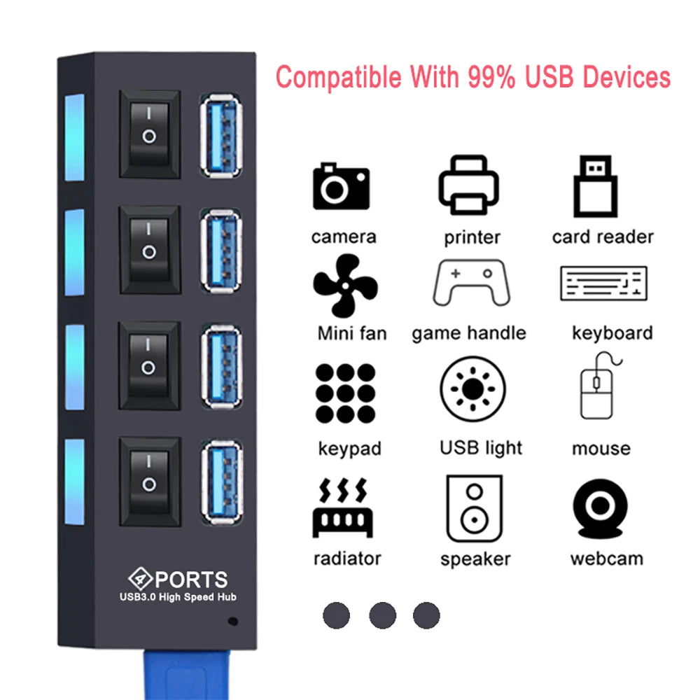 Black 4-port USB 3.0 hub featuring individual power switches with blue LED indicators and a blue connection cable.