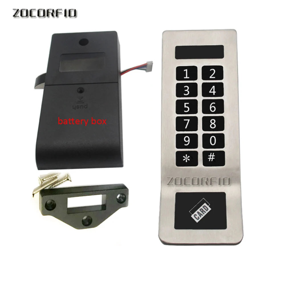 Electronic cabinet lock kit with black plastic battery box, metal keypad, and mounting hardware.